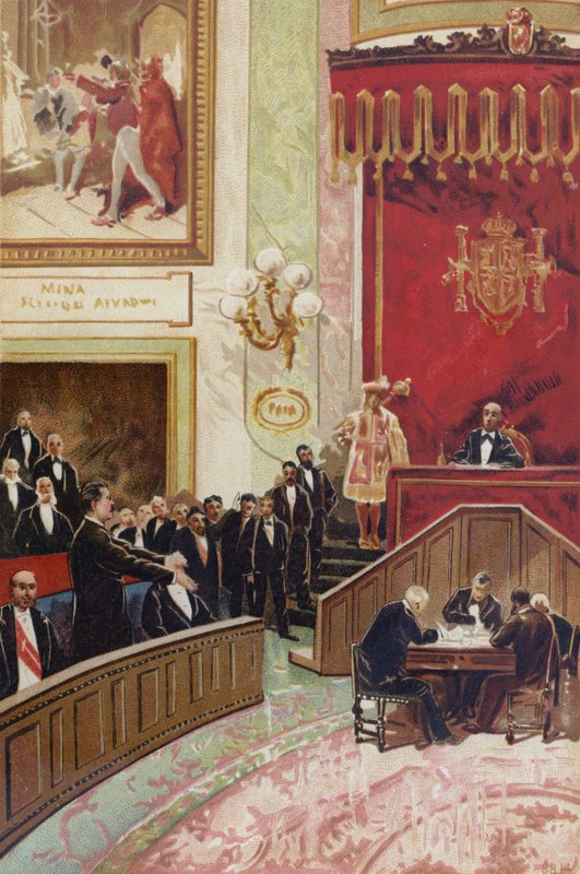 Vyhlášení první španělské republiky v Cortes, Madrid, 11. února 1873 od Spanish School
