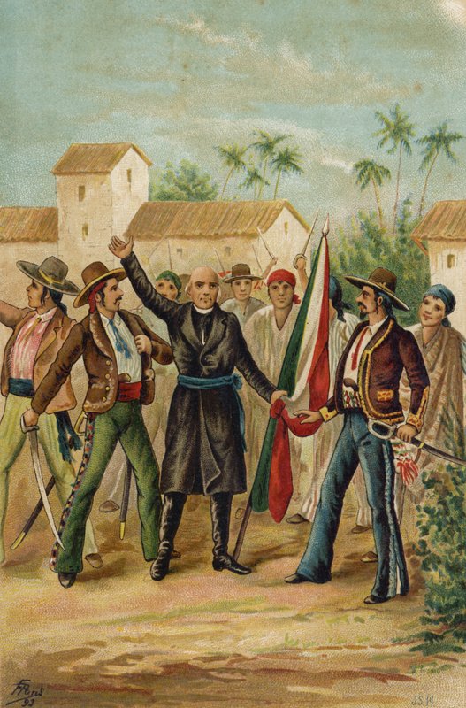 Katolický kněz Miguel Hidalgo y Costilla vydává Grito de Dolores vyzývající k nezávislosti Mexika, 15. září 1809 od Spanish School