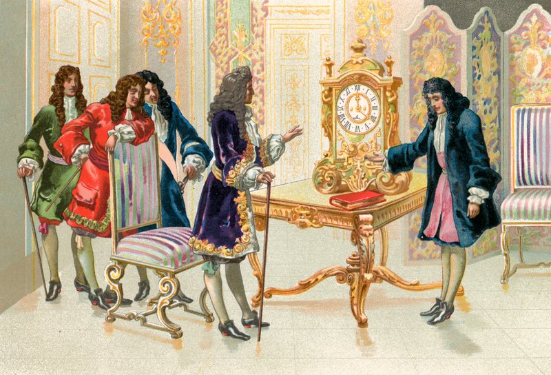 Christiaan Huygens představuje kyvadlové hodiny Ludvíku XIV od Spanish School