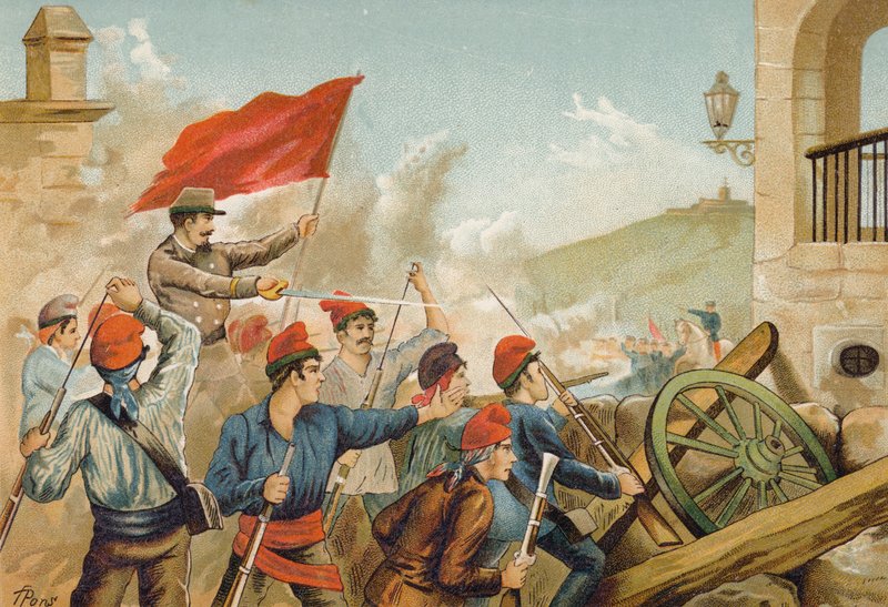 Boje mezi republikánskými dobrovolníky a vojáky, Sarria, Barcelona, 1874 od Spanish School