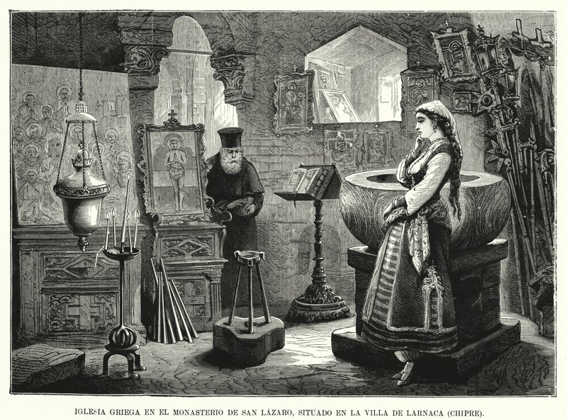 Řecká pravoslavná církev kláštera svatého Lazara, Larnaca, Kypr (litho) od Spanish School