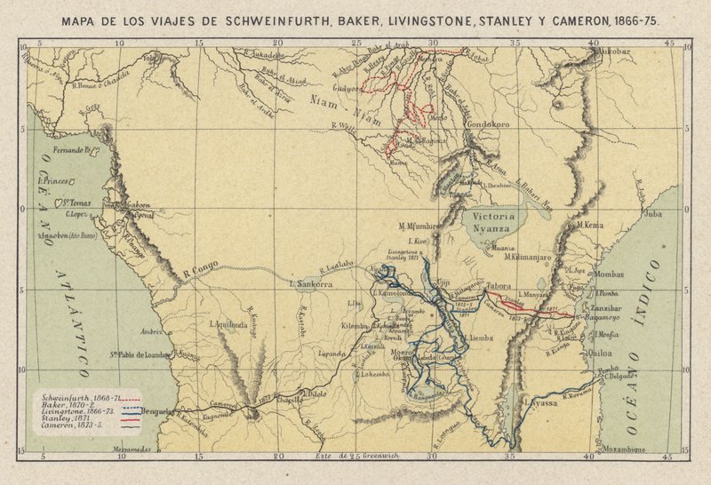 Mapa ukazující cesty průzkumníků Georg August Schweinfurth, Samuel Baker, David Livingstone, Henry Morton Stanley a Verney Lovett Cameron v Africe od Spanish School