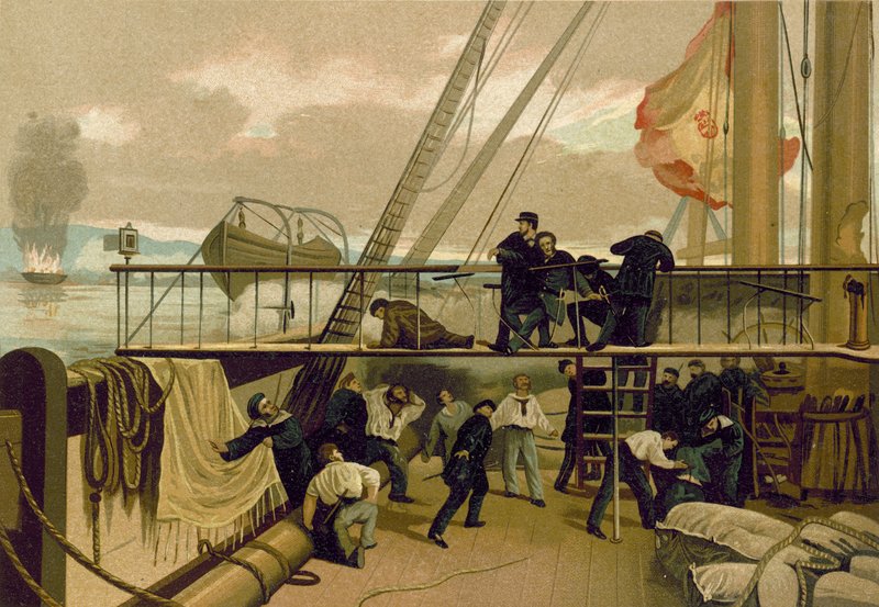 Mendez Nunez zraněn během bombardování Callao, Peru, 1866 od Spanish School