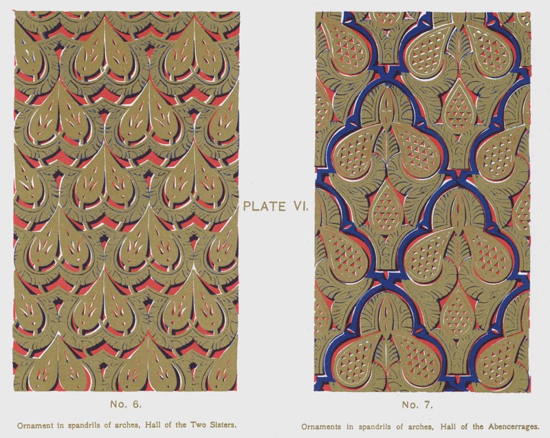 Ornament v klenbách oblouků, Síň dvou sester, Ornamenty v klenbách, Hala Abencerrajes (barevné lito) od Spanish School