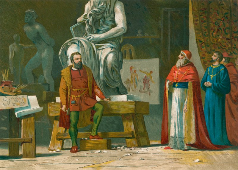 Papež Julius II. navštíví dílnu Michelangela od Spanish School