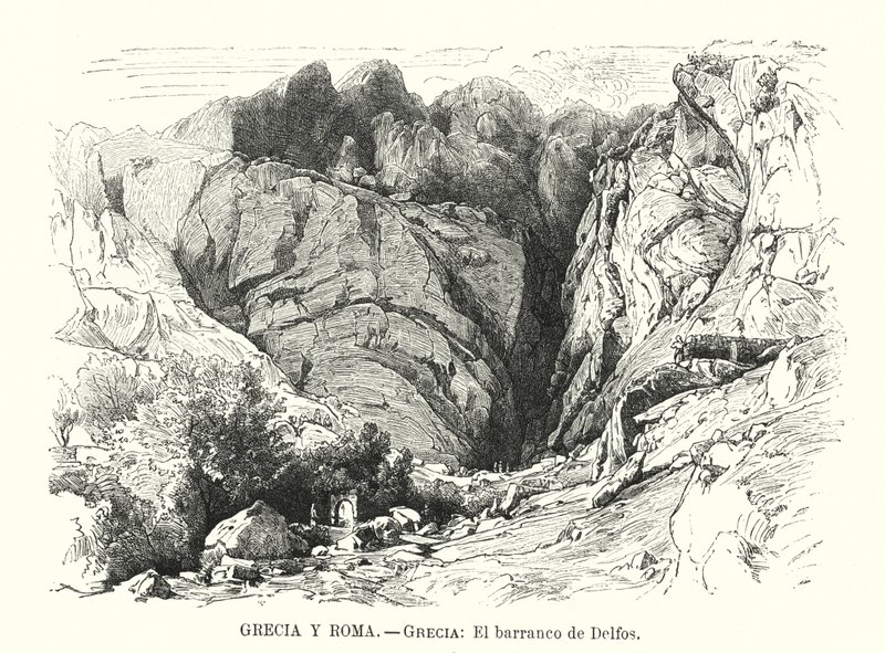 Rokle Delphi, Řecko (litho) od Spanish School