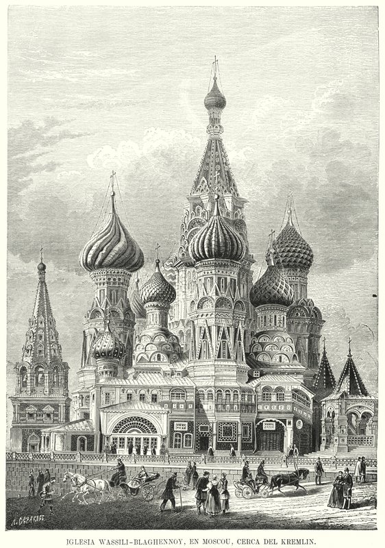Chrám Vasila Blaženého, Rudé náměstí, Moskva, Rusko (litho) od Spanish School