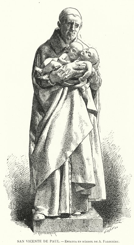 Svatý Vincent de Paul, francouzský katolický kněz, mramorová socha od Jean Alexandre Joseph Falguiere (litho) od Spanish School
