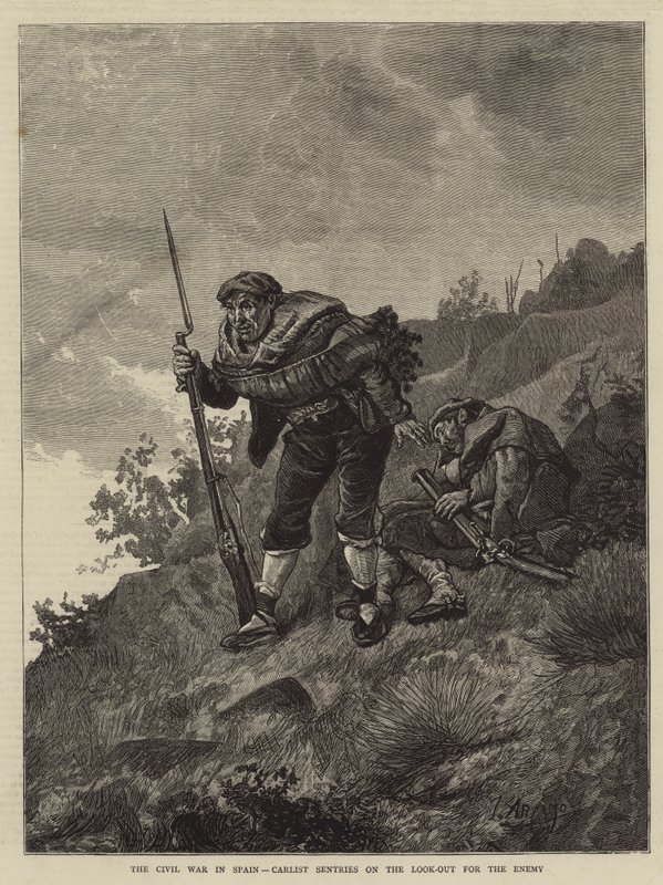 Občanská válka ve Španělsku, Carlist Sentries on the Look-Out for the Enemy (rytina) od Spanish School