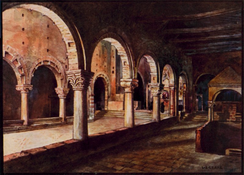 Italské katedrály: Toscanella, pohled přes hlavní loď San Pietro (barva litho) od Stafford Leake