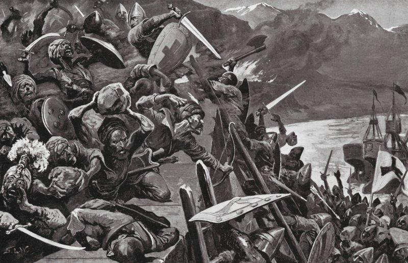 Křižáci dobývají Nikáju (litografie) od Stanley L. (after) Wood