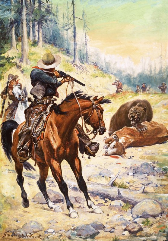 Američtí kovbojové obklopují medvěda skrčeného nad tělem krávy od Stanley L. Wood