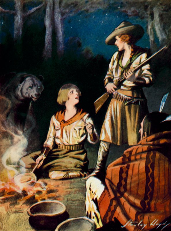 Scéna z filmu Vděčnost velkého medvěda: medvěd se blíží k táborovému ohni (barevná litografie) od Stanley Lloyd