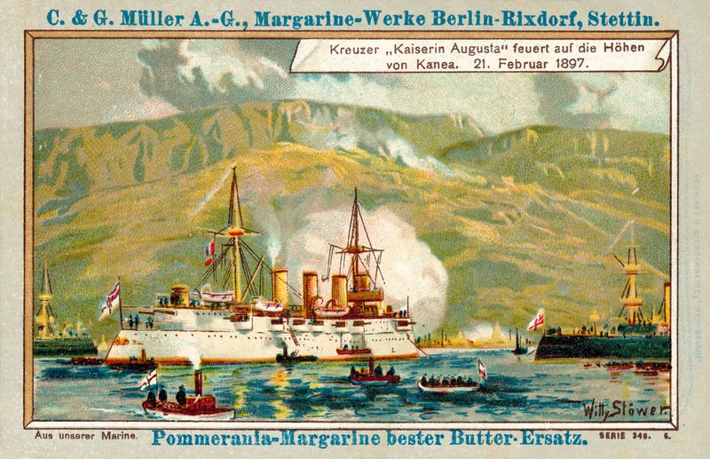 Německý křižník Kaiserin Augusta střílející na výšinách Chania, Kréta, 21. února 1897 (chromolitho) od Stoewer Willy