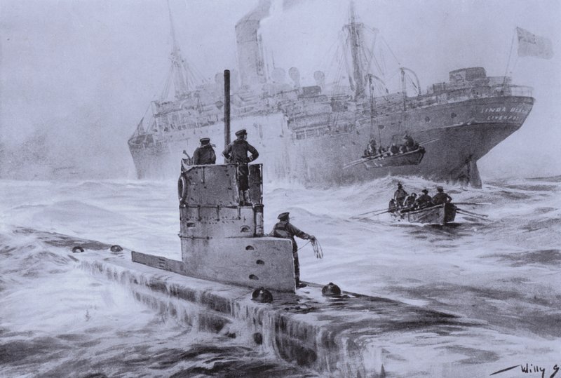 Potopení britské obchodní lodi Linda Blanche německou ponorkou U-21 u Liverpoolu, první světová válka, 30. ledna 1915 (litho) od Willy  Stoewer 
