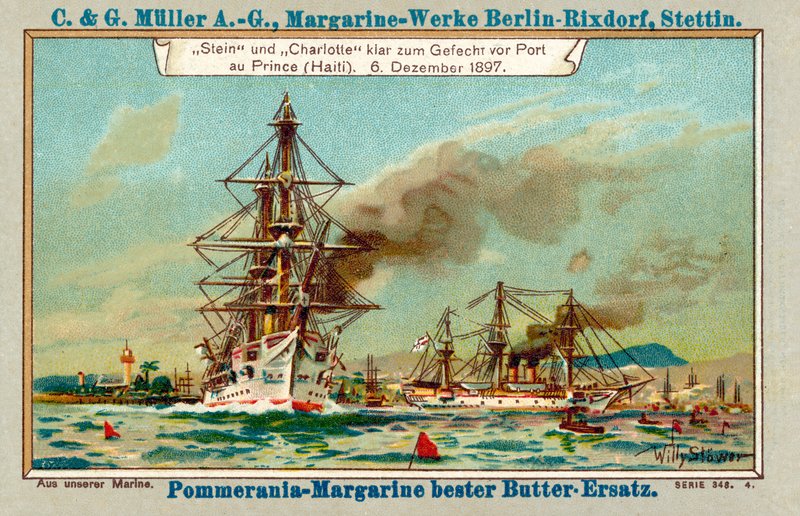 Německé válečné lodě Stein a Charlotte v Port au Prince Harbour, Haiti, během Ludersovy aféry, 6. prosince 1897 (chromolitho) od Stoewer Willy
