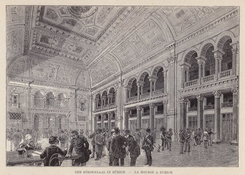 Der Borsensaal v Zurichu, La Bourse a Zurich (rytina) od Swiss School