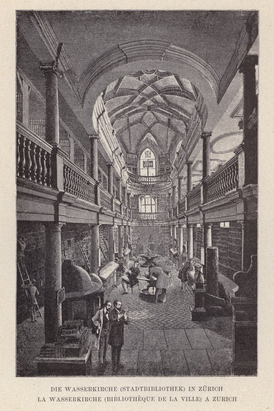 Wasserkirche, městská knihovna, v Curychu, La Wasserkirche, Bibliotheque de la Ville, a Curych (rytina) od Swiss School