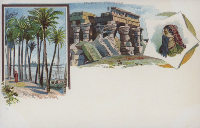 Egyptské scény: palmy na březích Nilu v Gezira, Káhira a chrám Kom Ombo (chromolitho) od Swiss School