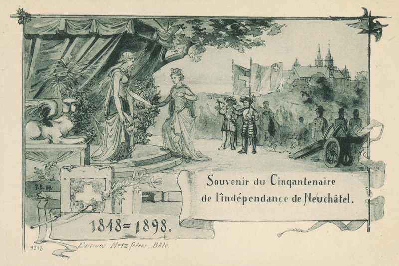 Padesát let od prohlášení Neuchatelu za republiku v rámci Švýcarské konfederace v roce 1848 (litho) od Swiss School