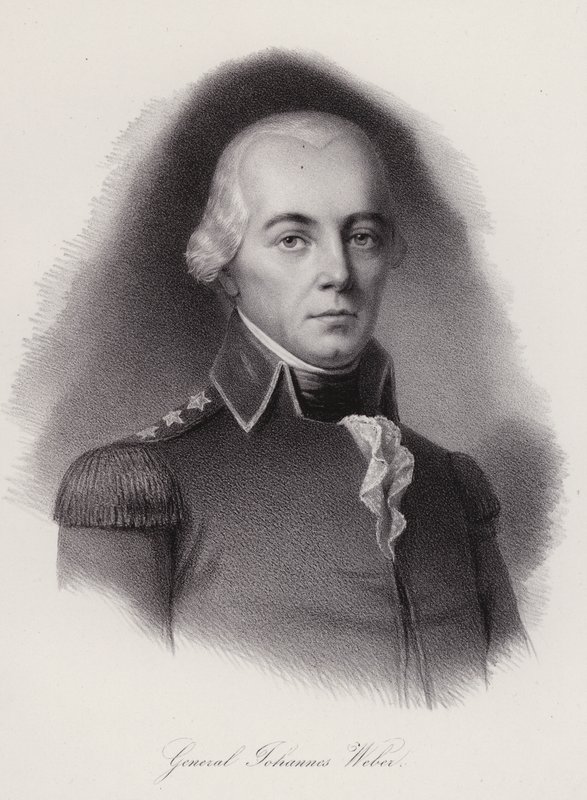 Johann Weber, švýcarský generál zabit v bitvě u Frauenfeldu (rytina) od Swiss School