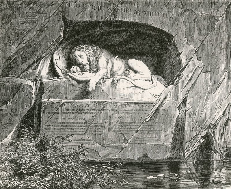 Památník v Lucernu na švýcarské gardy, kteří padli při obraně královské rodiny Francie, 10. srpna 1792 od Swiss School