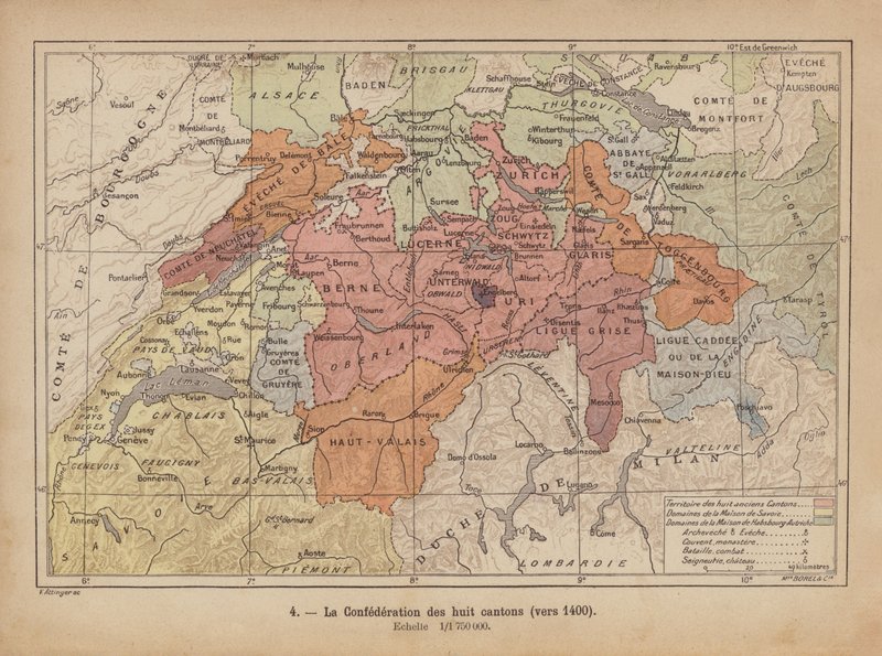 Stará švýcarská konfederace, kolem roku 1400 (kolorovaná rytina) od Swiss School