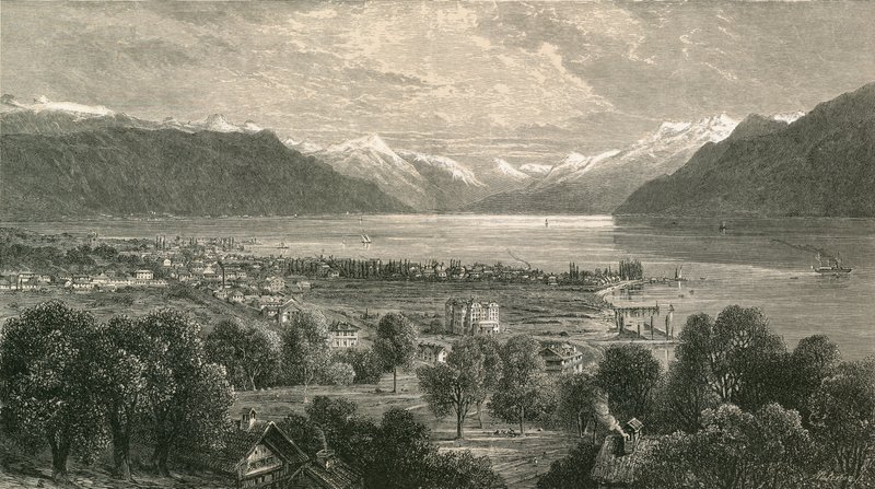 Vevey a horní část Ženevského jezera při pohledu do údolí Rhony od Swiss School