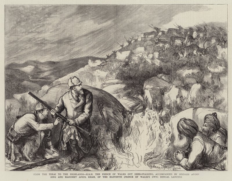 Od Terai po Vysočinu, Jeho královská výsost princ z Walesu z Deer-Stalking, doprovázený Sirdars Anoop Sing a Mahomet Afzul Khan, z jedenáctého (vlastního prince z Walesu) Bengal Lancers od Sydney Prior Hall