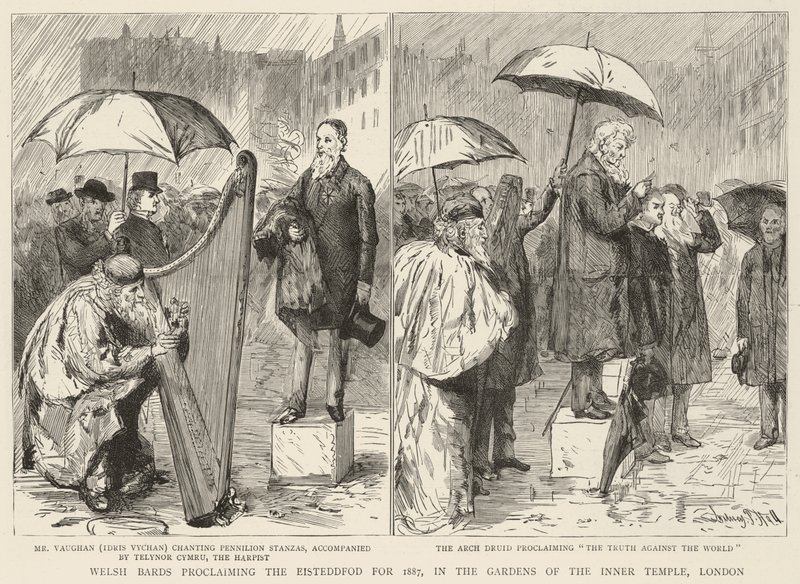 Velšští Bardové vyhlašují Eisteddfod pro rok 1887 v Gardens of the Inner Temple v Londýně od Sydney Prior Hall