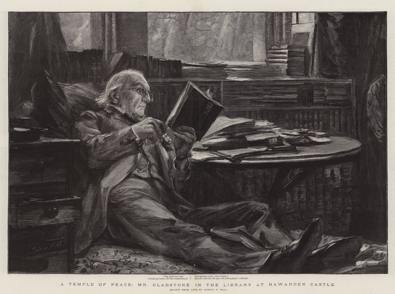 Chrám míru, pane Gladstone v knihovně na zámku Hawarden od Sydney Prior Hall