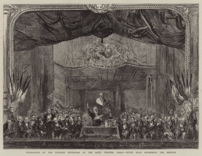 Oslava stého výročí Voltaira v pařížském divadle Gaite, Victor Hugo promlouvá na setkání od Sydney Prior Hall