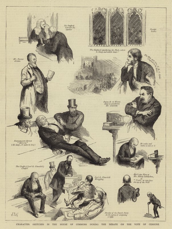 Náčrtky postav v Dolní sněmovně během debaty o hlasování o nedůvěře od Sydney Prior Hall