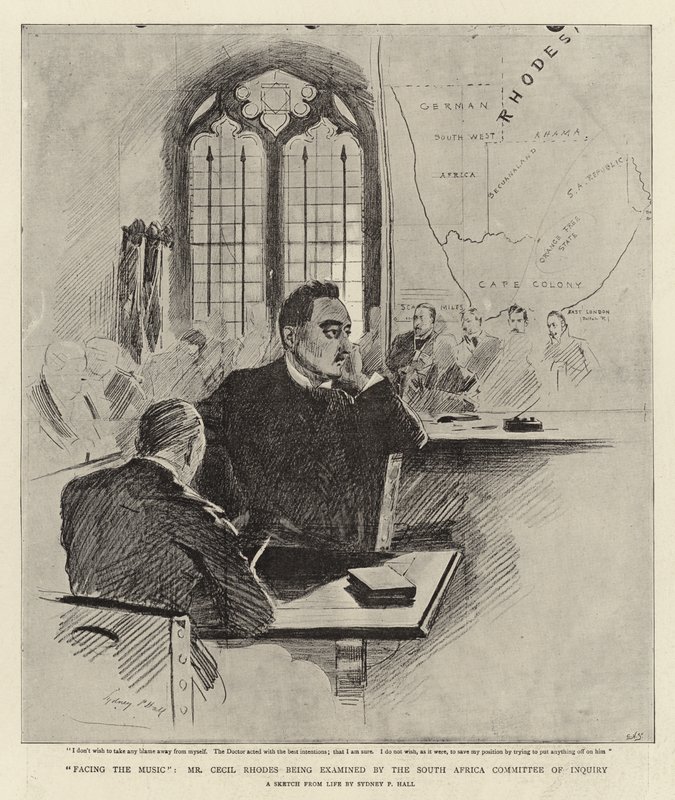 Tváří v tvář hudbě je pan Cecil Rhodes vyšetřován Jihoafrickým vyšetřovacím výborem od Sydney Prior Hall