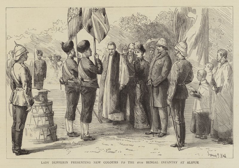Lady Dufferin představuje nové barvy 18. bengálské pěchotě v Alipuru od Sydney Prior Hall