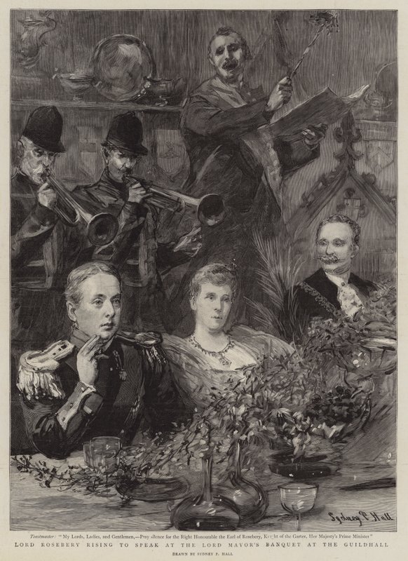 Lord Rosebery vstává, aby promluvil na hostině primátora v Guildhall od Sydney Prior Hall