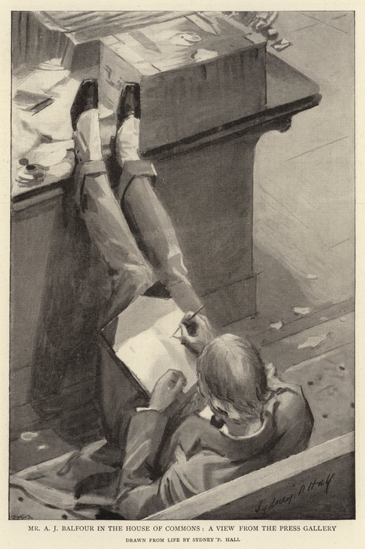 Pan A. J. Balfour v Dolní sněmovně, pohled z tiskové galerie od Sydney Prior Hall