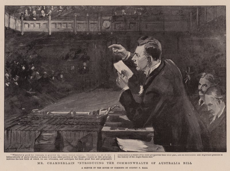 Pan Chamberlain představuje návrh zákona Commonwealth of Australia od Sydney Prior Hall