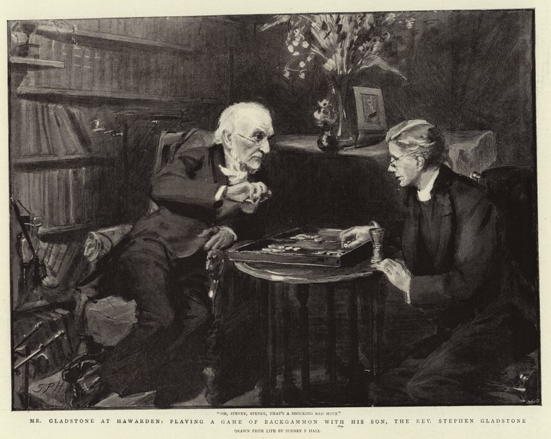 Pan Gladstone v Hawardenu při hře vrhcábů se svým synem, reverendem Stephenem Gladstonem. od Sydney Prior Hall