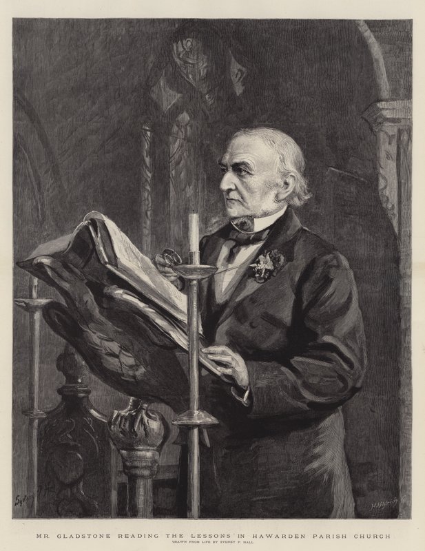 Pan Gladstone čte lekce ve farním kostele Hawarden od Sydney Prior Hall