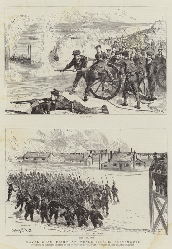 Naval Sham Fight na Whale Island, Portsmouth od Sydney Prior Hall