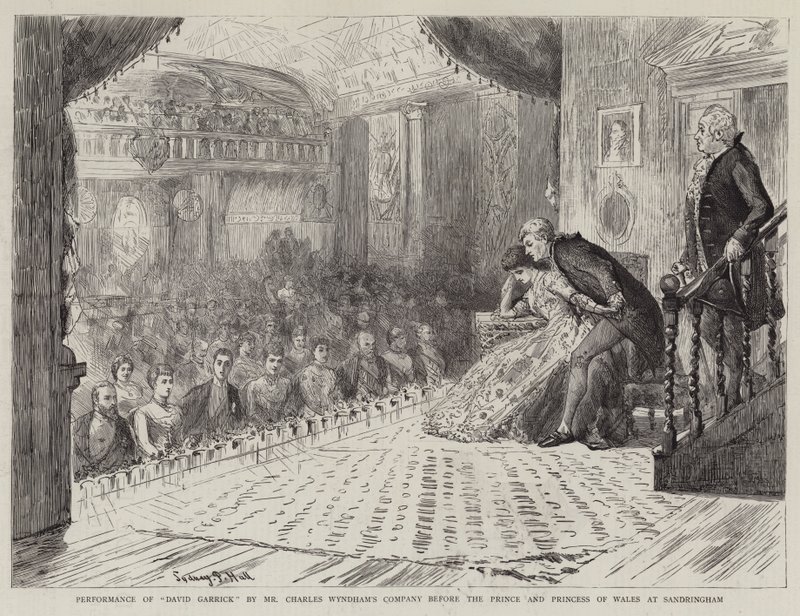 Představení Davida Garricka společností pana Charlese Wyndhama před princem a princeznou z Walesu v Sandringhamu od Sydney Prior Hall
