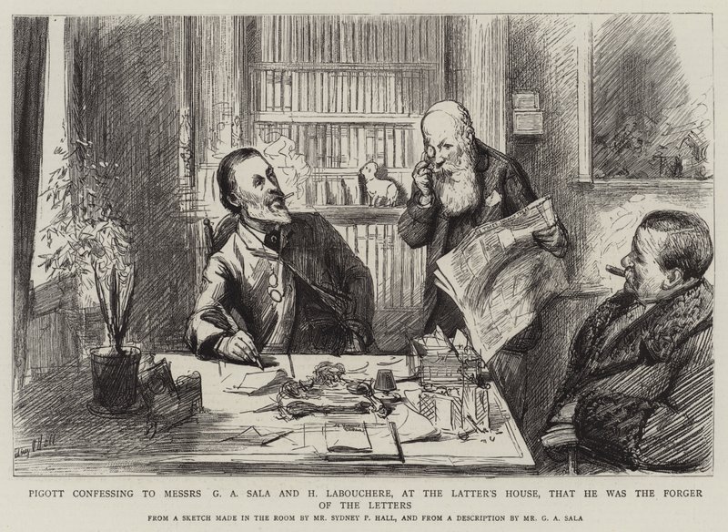 Pigott se přiznal pánům G. A. Salovi a H. Labouchereovi v domě Latter