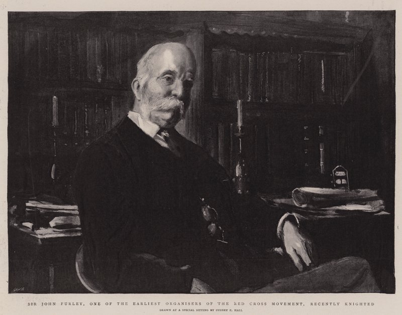 Sir John Furley, jeden z prvních organizátorů hnutí Červeného kříže, byl nedávno pasován na rytíře od Sydney Prior Hall