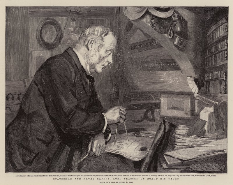 Státník a námořní expert, lord Brassey na palubě své jachty od Sydney Prior Hall