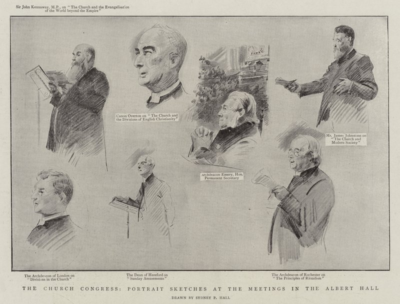 Církevní kongres, portrétní skici na setkáních v Albert Hall litho od Sydney Prior Hall
