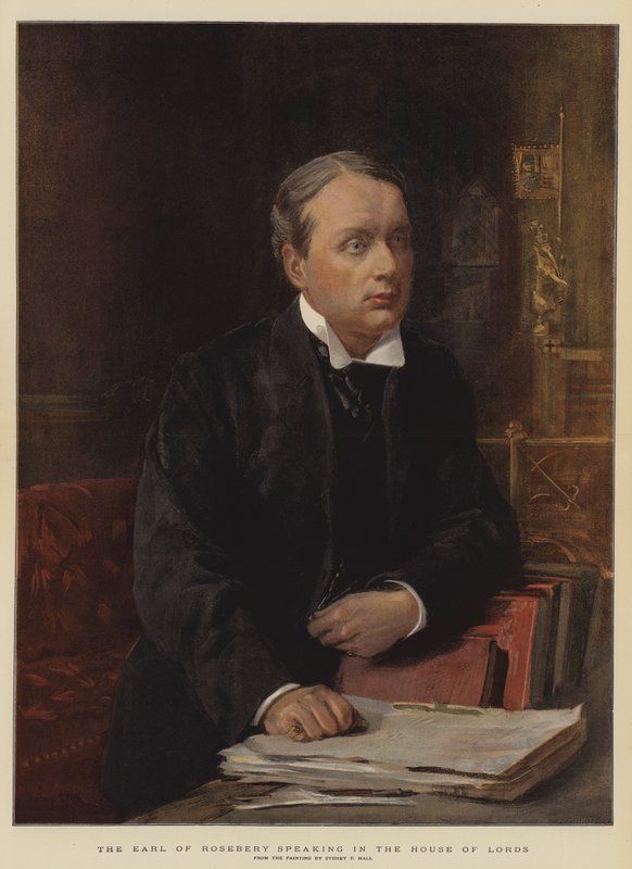 Hrabě z Rosebery mluví ve Sněmovně lordů (chromolitho) od Sydney Prior Hall