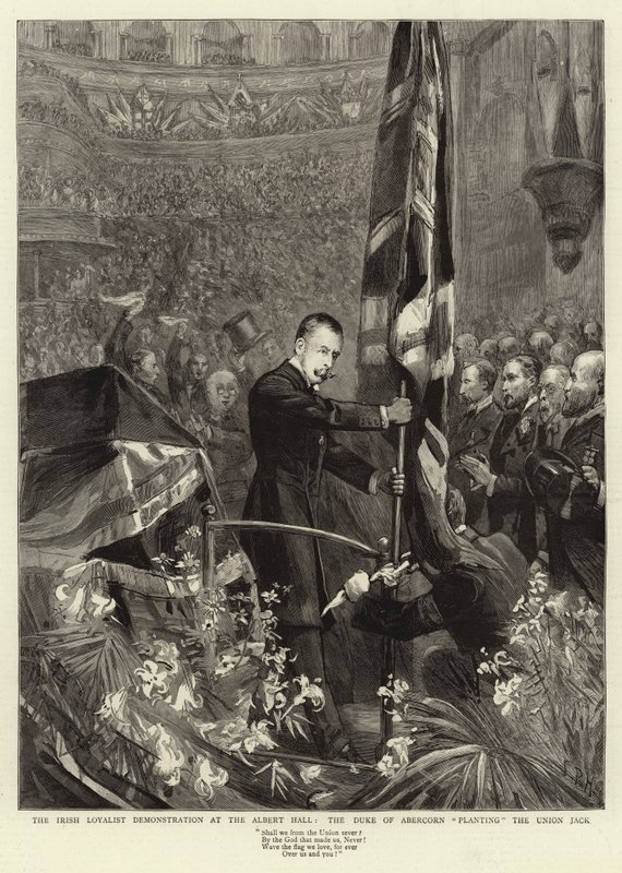 Demonstrace irských loajalistů v Albert Hall, vévoda z Abercornu zasazující Union Jack od Sydney Prior Hall