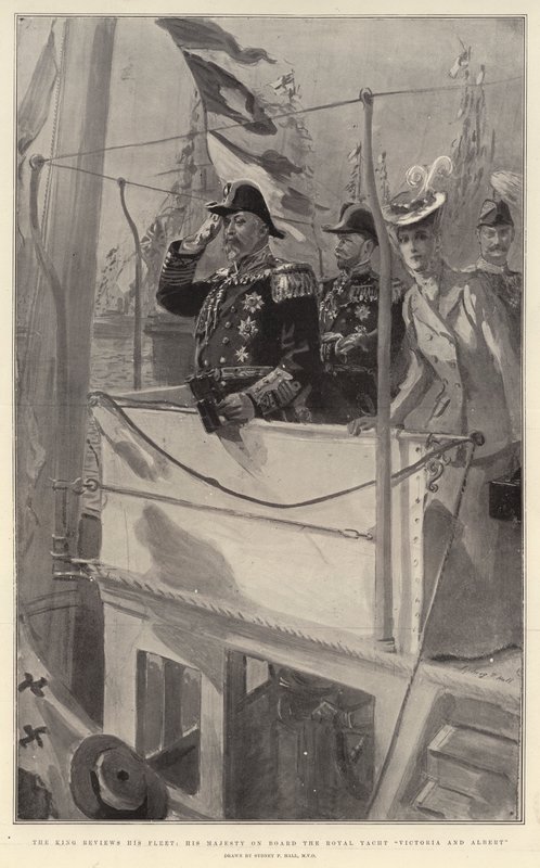 Král si prohlíží svou flotilu, Jeho Veličenstvo na palubě královské jachty Victoria a Albert od Sydney Prior Hall