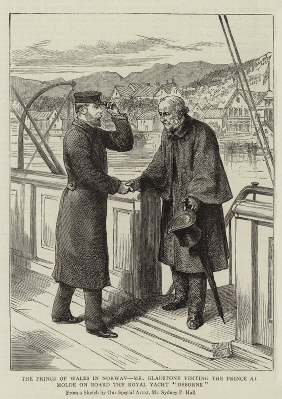 Princ z Walesu v Norsku, pan Gladstone na návštěvě prince v Molde na palubě Royal Yacht Osborne od Sydney Prior Hall